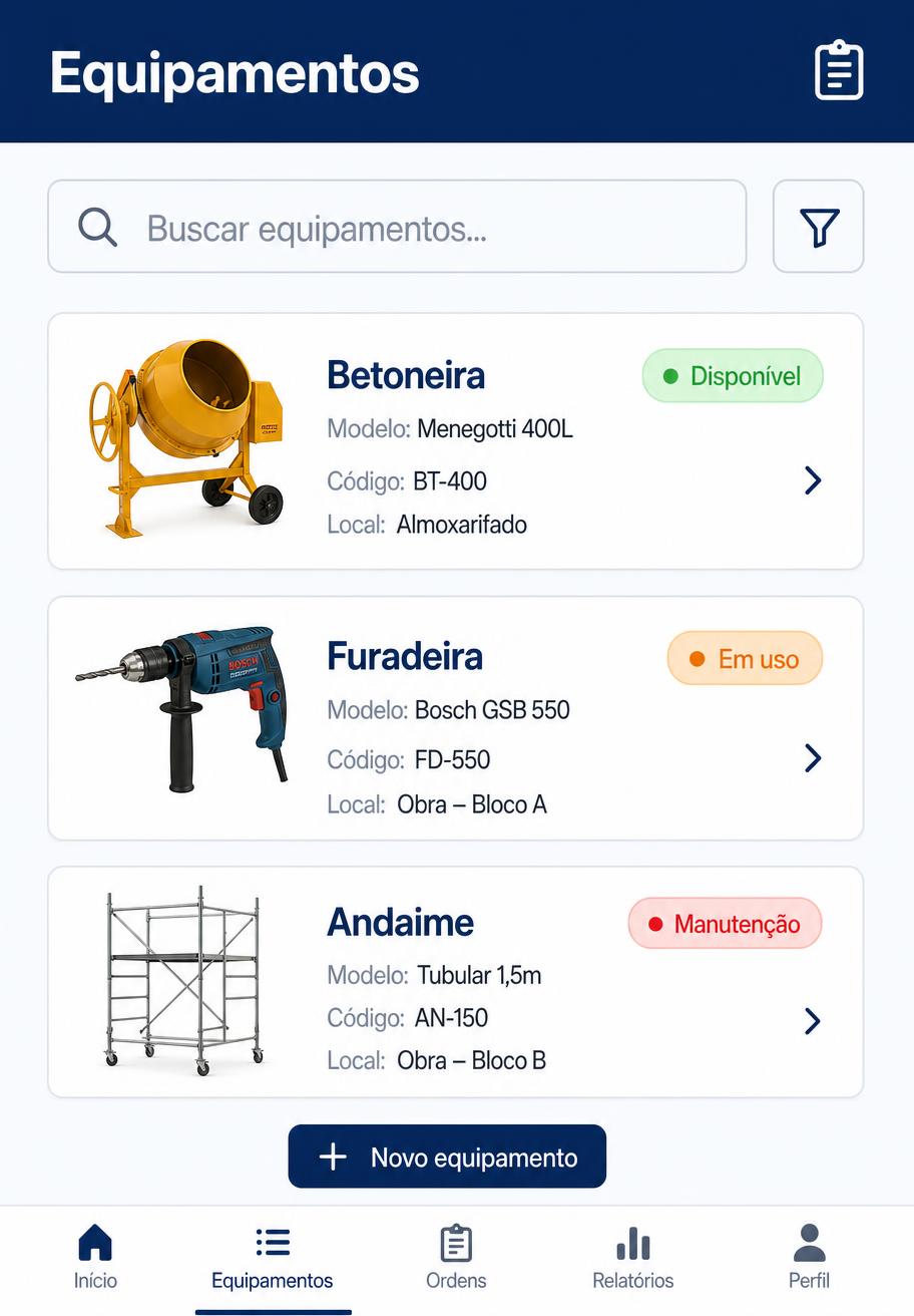 Tela de lista de equipamentos do Obra Control com selos de status