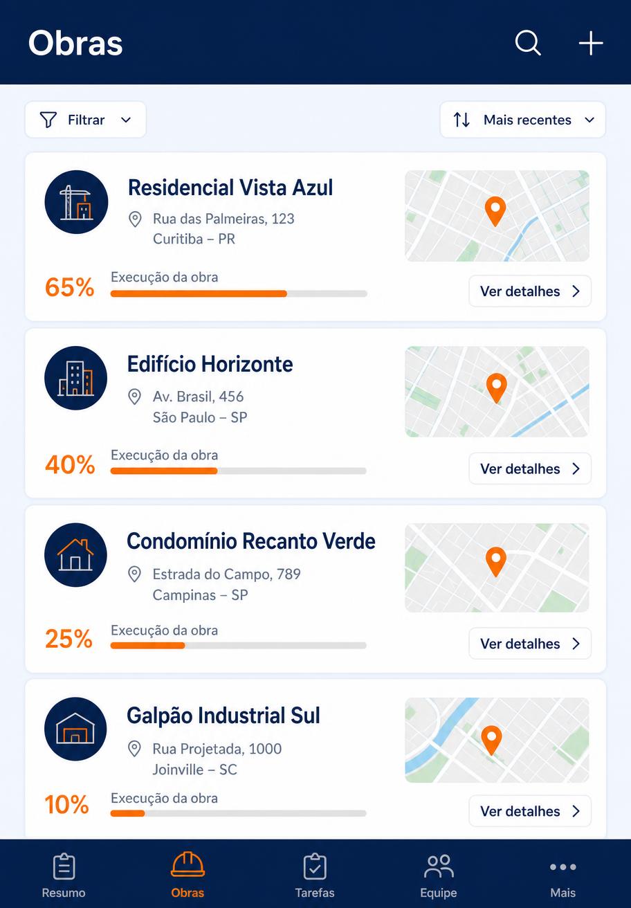 Tela de obras do Obra Control com endereços e progresso de execução