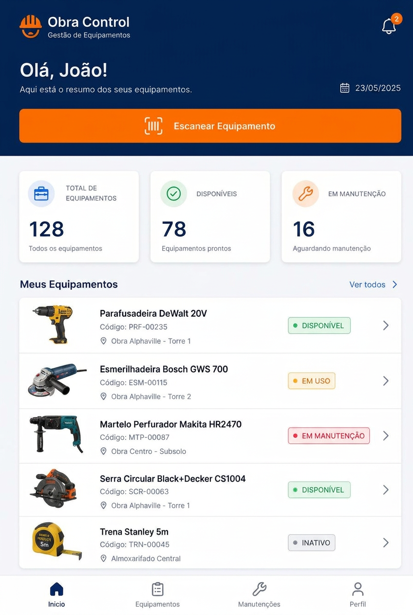 Painel do Obra Control com resumo de equipamentos disponíveis, em uso e em manutenção