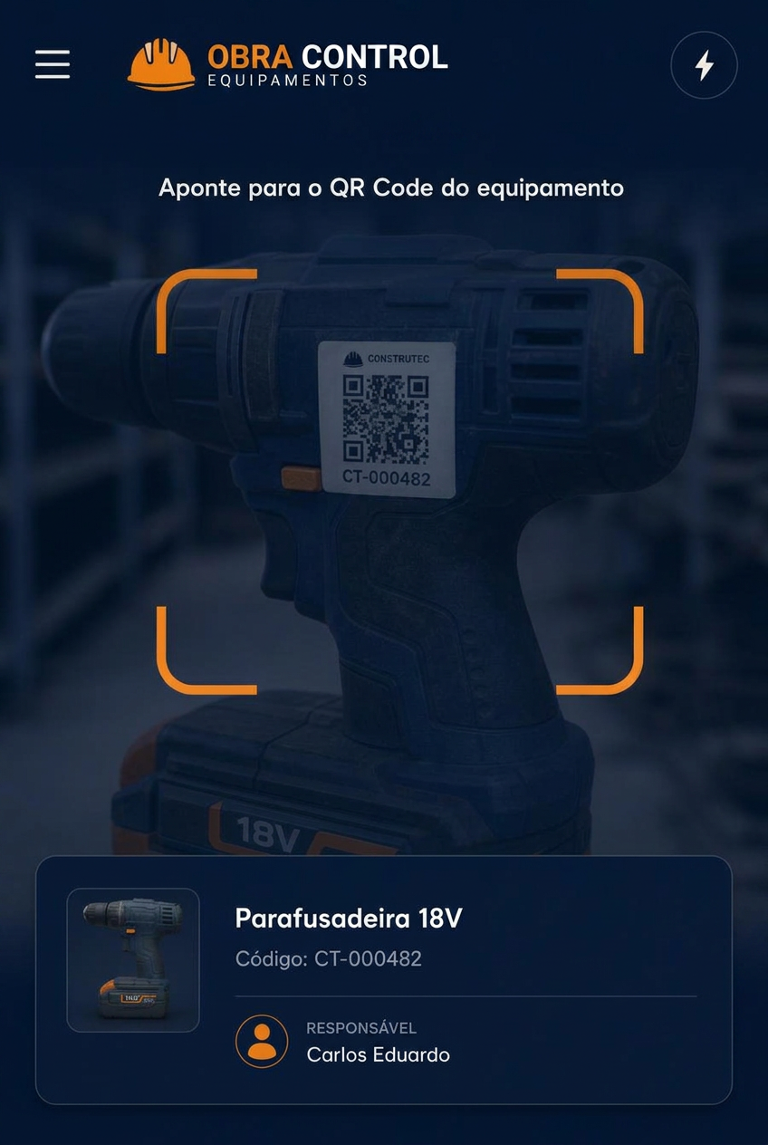 Tela de leitura de QR Code do Obra Control apontando para uma parafusadeira